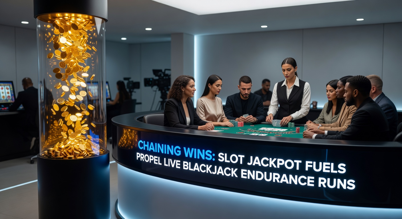 Grafik mit Ketten von Gewinnen: Slot-Jackpot fließt in Blackjack-Chips, die eine lange Session darstellen, mit Statistiken zu RTP und Session-Längen