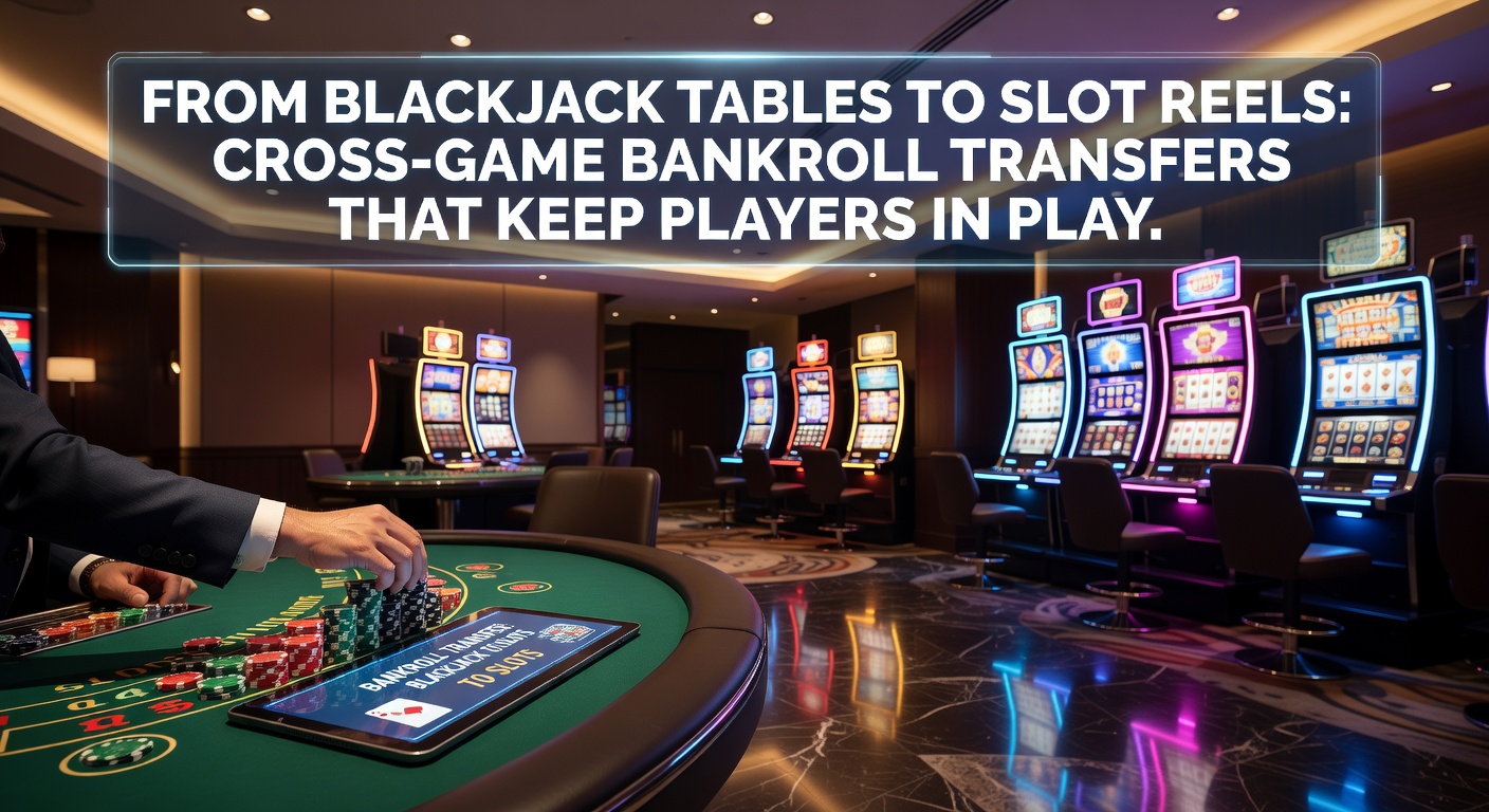 Spieler wechselt nahtlos vom Blackjack-Tisch zu einer leuchtenden Slot-Maschine in einem modernen Online-Casino, symbolisiert durch fließende Geldströme zwischen den Spielen