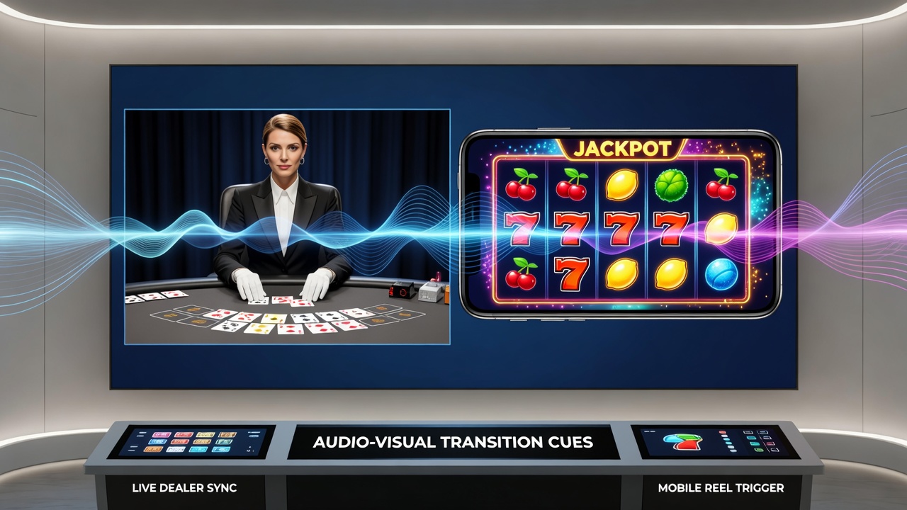 Beispielhafte Darstellung von synchronisierten Klang- und Bildübergängen zwischen Kartentischen und Slot-Reels