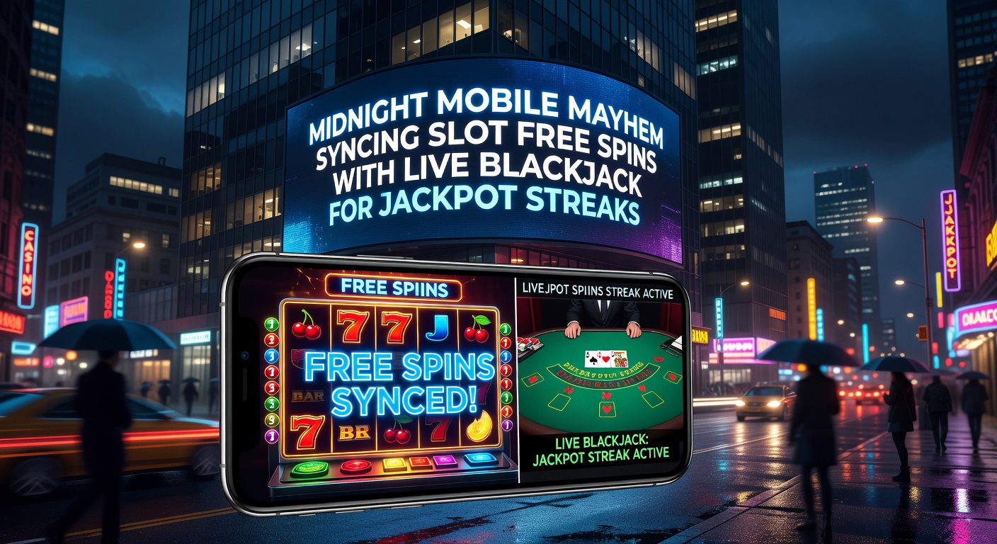 Smartphone mit laufendem Slot-Spiel und Live-Blackjack-Tisch im Mitternachtslicht, das Freispiele und Karten mischt