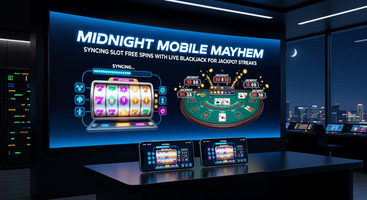 Dunkles Zimmer mit Handy, das Slot-Freispiele und Blackjack-Karten zeigt, Jackpot-Zähler blinkt im Hintergrund