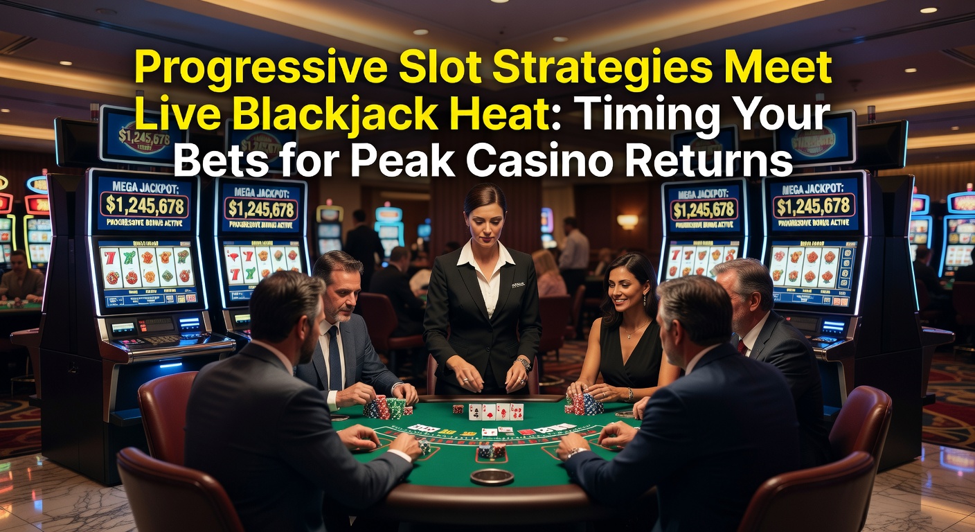 Ein dynamisches Casino-Szenario mit leuchtenden Progressive-Slot-Maschinen neben einem Live-Blackjack-Tisch, wo Spieler ihre Bets timen