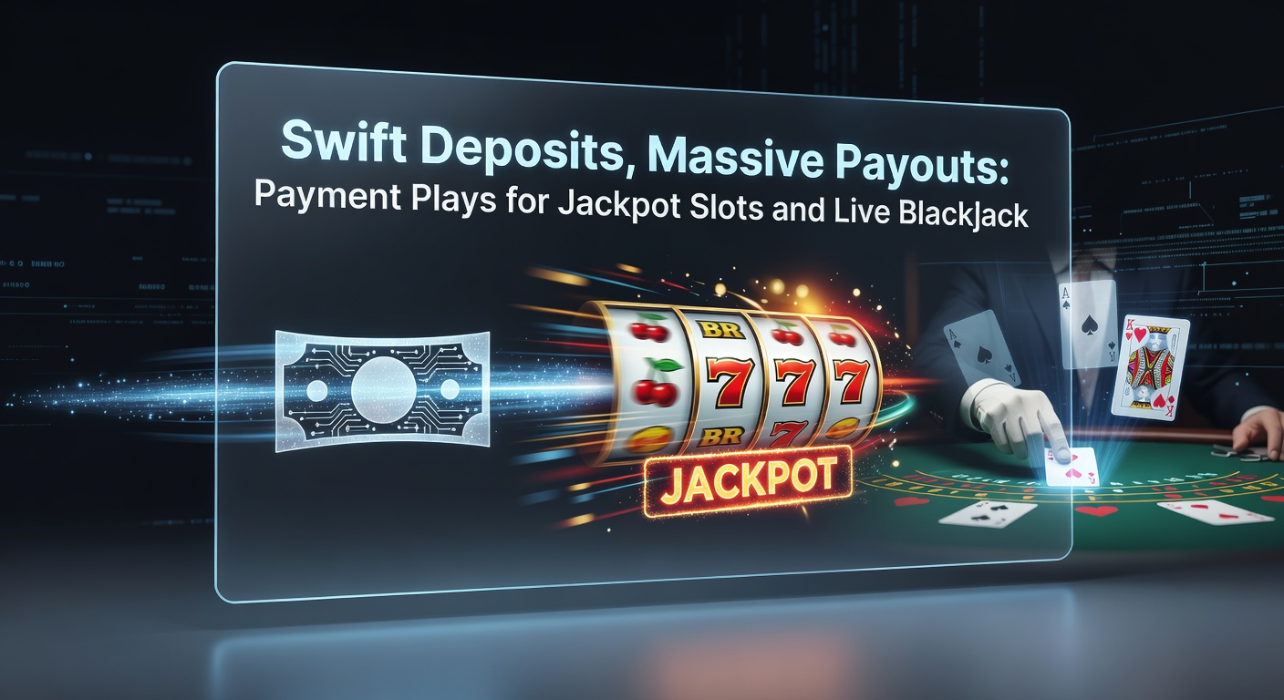 Bild zeigt ein digitales Wallet mit blitzschnellen Transaktionen neben leuchtenden Jackpot-Slots und einem Live-Blackjack-Tisch, symbolisiert Geschwindigkeit und hohe Auszahlungen